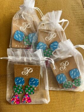 Set of 4 pairs Plunder Blue, Green & Pink Triple-Teardrop Dangle Earrings